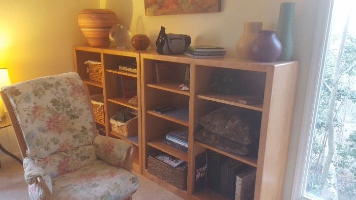 Beautiful set of 4, 2 shown, solid wood all sides, rounded corner shelving units.   Purchased at a Durham Wood Working Shop 10 years ago.  High end wood-work, $440.00 for a set of 2.
