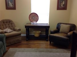 Antique table, swivel rocker, Pearson (Lane) leather chair
