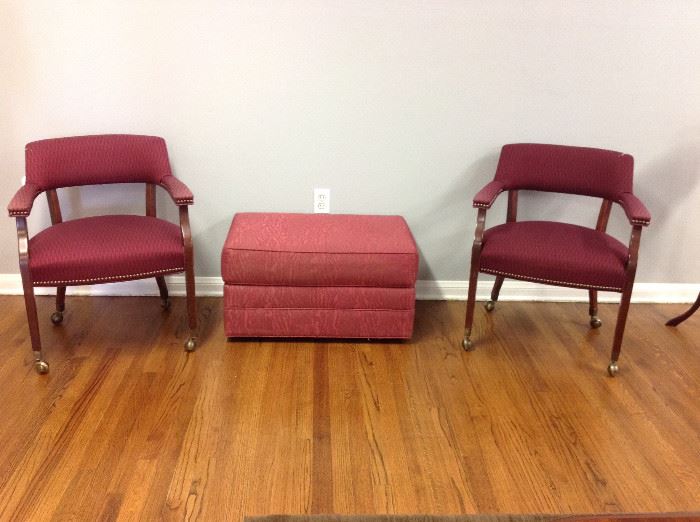 Vintage upholstered arm chairs and ottoman
