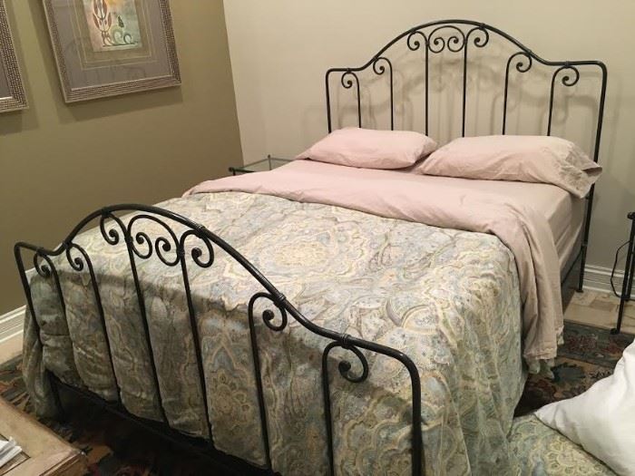 Charles P. Rogers Scrolled Iron Bed Including Headboard/Footboard and rails.  Sold as set with 2 Iron Lamp Side Tables.  