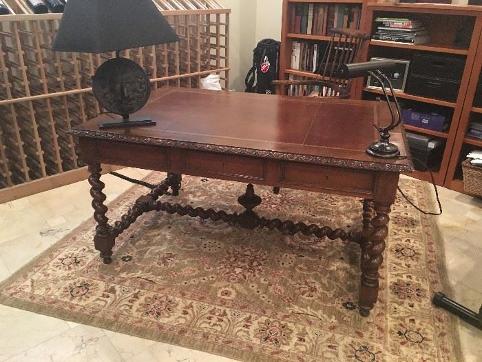 French Henri II Style Oak Bureau Plat Desk with Antique Chair 