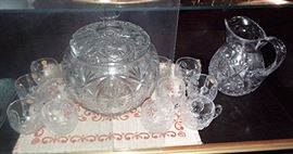 CRYSTAL KOBANI COVERED PUNCH BOWL, MUGS AND PITCHER