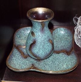 GERMAN 1960'S MOTTLED BLUE GLASS VASE AND TRAY