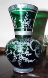 SILVER OVERLAY ON EMERALD GLASS ANTIQUE VASE