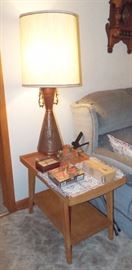 MID CENTURY TABLES (PAIR) AND TURKISH COPPER EMBOSSED LAMPS (PAIR)