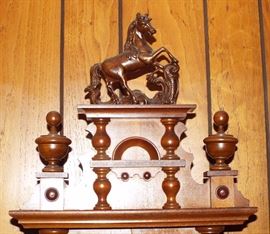 ANTIQUE GERMAN BLACK FOREST WALL CLOCK WITH BRONZE HORSE DETAIL AND DOGWOOD PATTERN