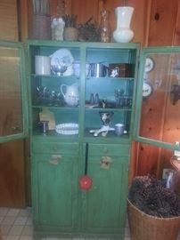 Vintage painted glass front wood cabinet 