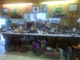 Collection of country collectibles including wood bears, ducks, hearts, stars, rabbits, Victorian figures, ledge sitters, and more.