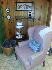 Wing chair with pie crust table and brass lamp/fisherman's shade