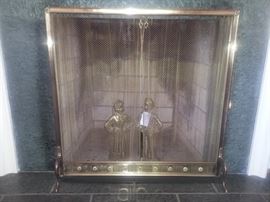 Very nice brass fireplace screen with chain pull.