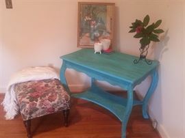 Painted oak table and upholstered bench