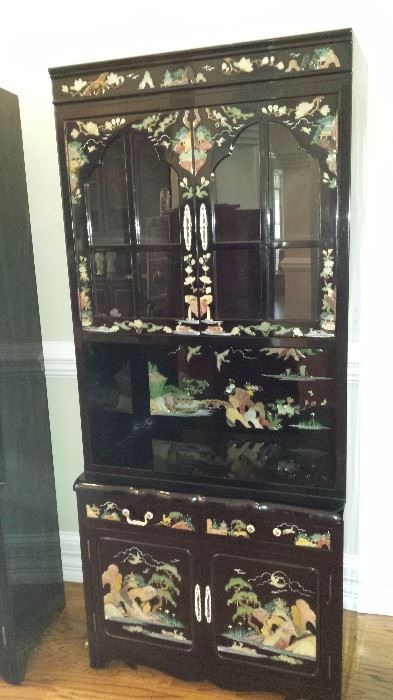 Lighted Korean cabinet with mother of pearl, jade and granite applique