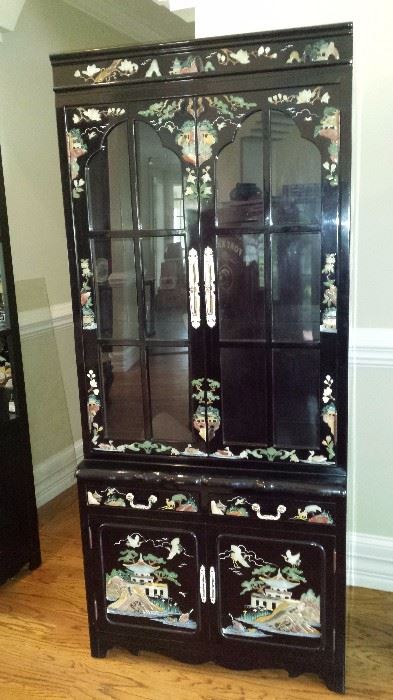 Lighted Korean cabinet with mother of pearl, jade and granite applique