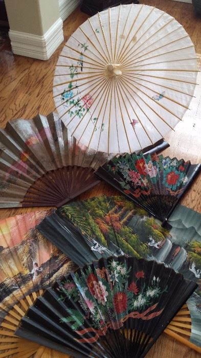 Asst. of large hand painted fans and parasol 