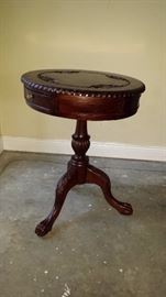 Solid Mahogany hand carved round side table with 2 drawers