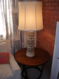 Lane Walnut Drum Table and a nice mid-century lamp