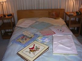 Small portion of the Table linens for sale. Drexel double bed and end tables
