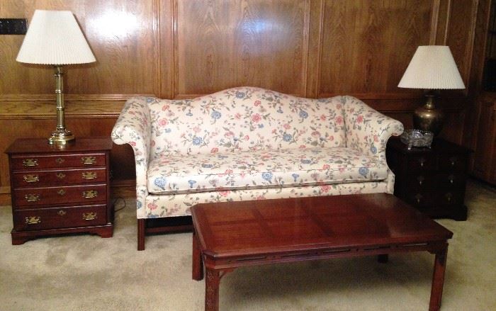 Pennsylvania House chintz sofa, Penn House 5 drawer chest, Japanese coffee table, Henredon 3 drawer chest