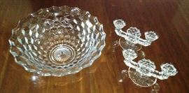 Large Fostora American glass bowl and large candlesticks