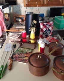 vintage grilling and serving. nice collection of copper pots