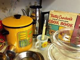 enamel pot has cool steamer basket, fire king mug