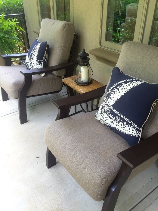 Pair of matching outdoor chairs in weather resistant fabric