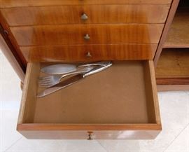 EARLY 20TH CENTURY FRENCH MADE CHINOISERIE CHEST FILLED WITH CHRISTOFLE SILVER PLATED FLATWARE AND SERVING PIECES IN THE RUBANS PATTERN