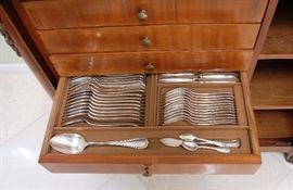 EARLY 20TH CENTURY FRENCH MADE CHINOISERIE CHEST FILLED WITH CHRISTOFLE SILVER PLATED FLATWARE AND SERVING PIECES IN THE RUBANS PATTERN