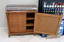 EARLY 20TH CENTURY FRENCH MADE CHINOISERIE CHEST FILLED WITH CHRISTOFLE SILVER PLATED FLATWARE AND SERVING PIECES IN THE RUBANS PATTERN