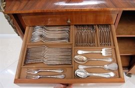 EARLY 20TH CENTURY FRENCH MADE CHINOISERIE CHEST FILLED WITH CHRISTOFLE SILVER PLATED FLATWARE AND SERVING PIECES IN THE RUBANS PATTERN