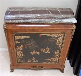 EARLY 20TH CENTURY FRENCH MADE CHINOISERIE CHEST FILLED WITH CHRISTOFLE SILVER PLATED FLATWARE AND SERVING PIECES IN THE RUBANS PATTERN