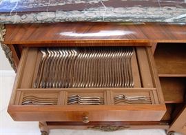 EARLY 20TH CENTURY FRENCH MADE CHINOISERIE CHEST FILLED WITH CHRISTOFLE SILVER PLATED FLATWARE AND SERVING PIECES IN THE RUBANS PATTERN
