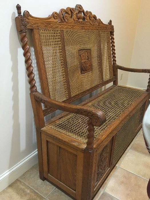 Fantastic 19th Century hand carved wicker hall seat. The attention to detail is amazing, has original wicker. Amazing antique piece, a must see!!