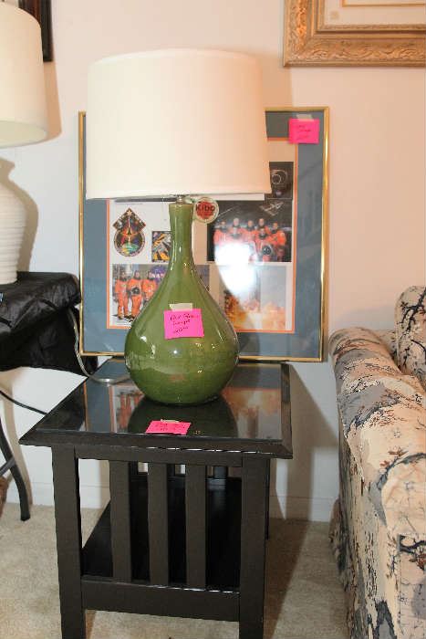 Small End Table, Pair of Green Lamps