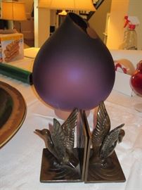 IRON DUCK BOOKENDS / PURPLE GLASS VASE