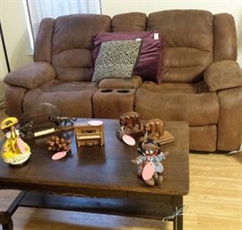 bomber love seat, vintage table, Safari animals