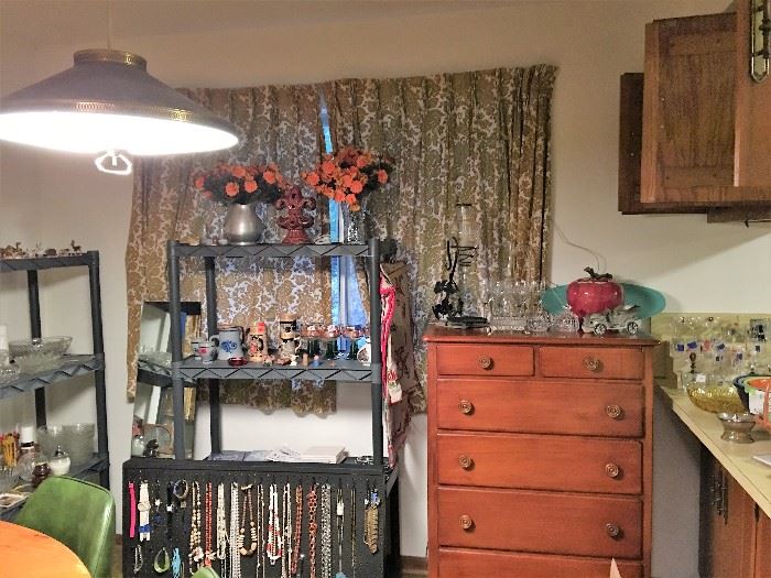 JEWELRY CERAMIC TILES AND SOLD WOOD TALL BOY DRESSER, CRYSTAL WEAR