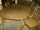 Petite Laminate top Dining Table - shown with 2-leafs inserted, & 4-solid oak chairs with vinyl padded seat