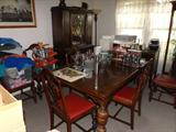Vintage Mahogany Post-leg braced Dining Table 36"x 72" with 2-Pad covers & 4 wood chairs w/ original vinyl upholstered seats - good condition