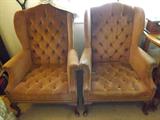 2- matching Wing-back velour button-tufted Arm Chairs - fair condition