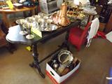 Vintage (end) drop-leaf Sofa Table, good condition (Items on top and in box - include Brass, Copper & Silverplate decorative metalware)