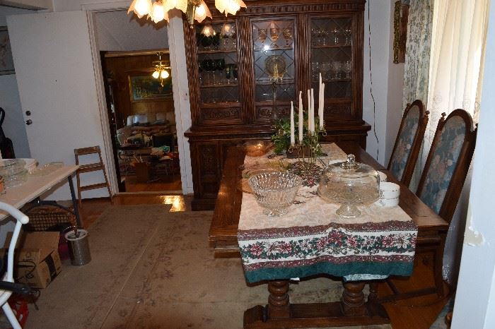 Vintage Solid Pine Dining Suite Table 66" X 42" plus 18" Leaf. Hutch 70" w X 80" T. Six matching chairs.
