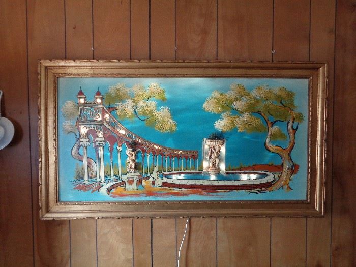 Vintage Framed Lighted Art Deco by Ashbrook Studios, lights work, in good condition, very collectable. Lights work and very nicely framed. 