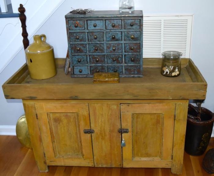 Two drawer pine dry sink with original yellow paint
Fabulous 20 drawer blue spice cabinet
