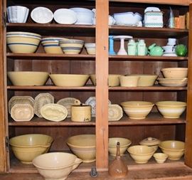 Incredible collection of 19th Century Yelloware bowls and Molds, plus Ironstone Molds and plates