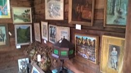 ARTS & CRAFTS LAMP; OIL PAINTINGS; PRINTS