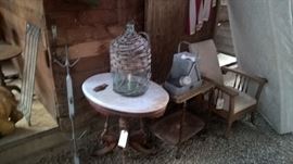 CARBOY; VICTORIAN TABLE; MEAT HOOK; CHILD'S MORRIS CHAIR