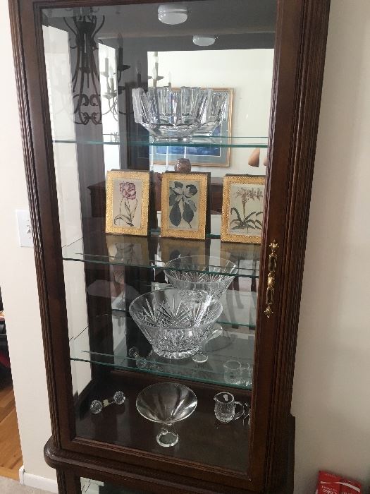 Dining Room Table, leaf and 6 Chairs. Also, Matching Buffet Server / Hutch and Matching China Cabinet Wood with Glass Shelves and Light Curio Cabinet