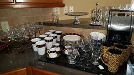 Dishes by L. Godinger and Co.,
 8 red wine glasses
Cuisinart programable  coffee beans grinder and maker.
