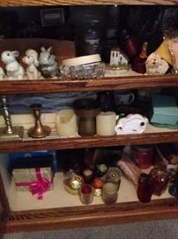 Brass candle holders, Thomas Kinkade houses, Waterford Crystal